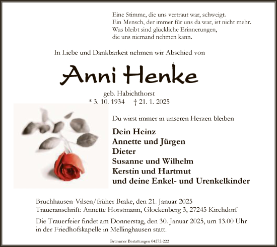 Traueranzeige von Anni Henke von SYK