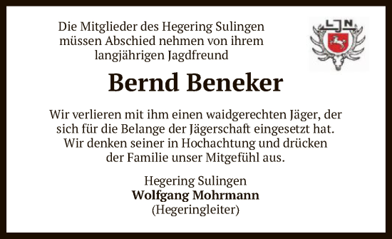 Traueranzeige von Bernd Beneker von SYK