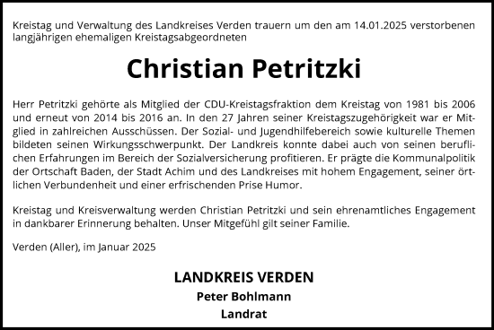 Traueranzeige von Christian Petritzki von SYK