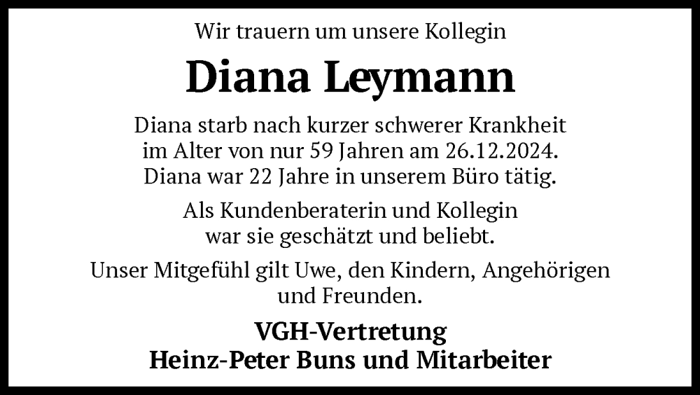  Traueranzeige für Diana Leymann vom 04.01.2025 aus SYK