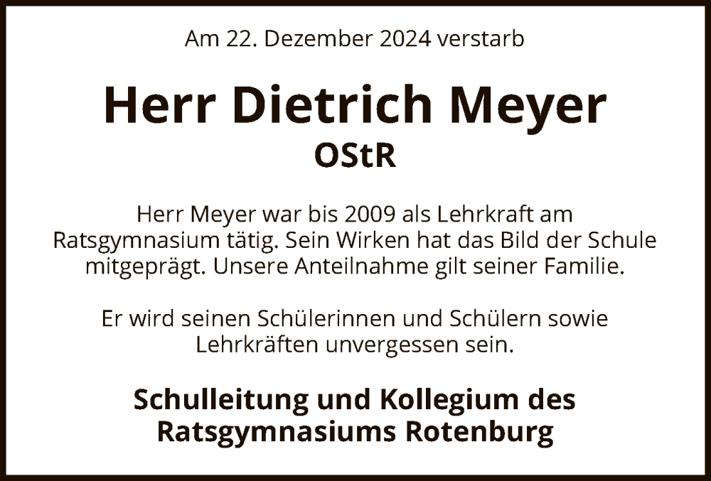  Traueranzeige für Dietrich Meyer vom 08.01.2025 aus SYK