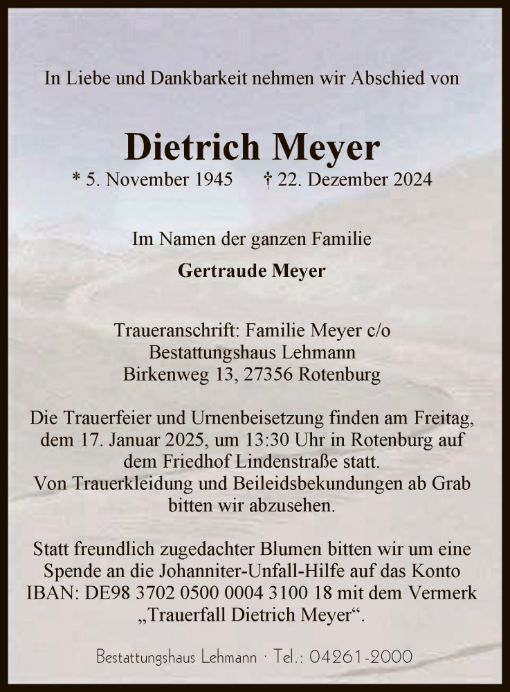  Traueranzeige für Dietrich Meyer vom 04.01.2025 aus SYK