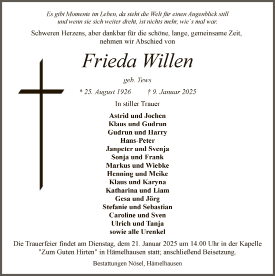 Traueranzeige von Frieda Willen von SYK