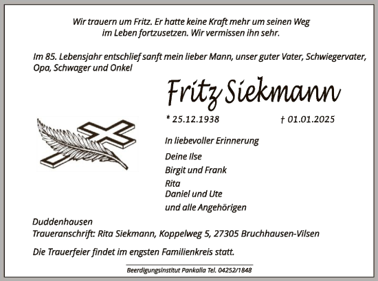 Traueranzeige von Fritz Siekmann von SYK