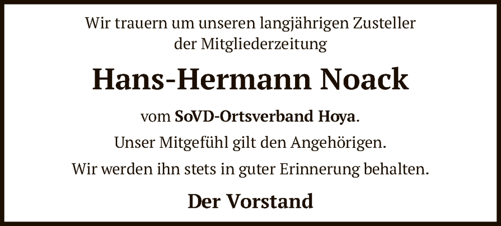  Traueranzeige für Hans-Hermann Noack vom 28.01.2025 aus SYK