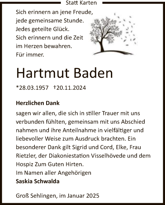 Traueranzeige von Hartmut Baden von SYK