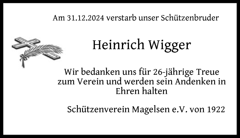  Traueranzeige für Heinrich Wigger vom 11.01.2025 aus SYKSYK