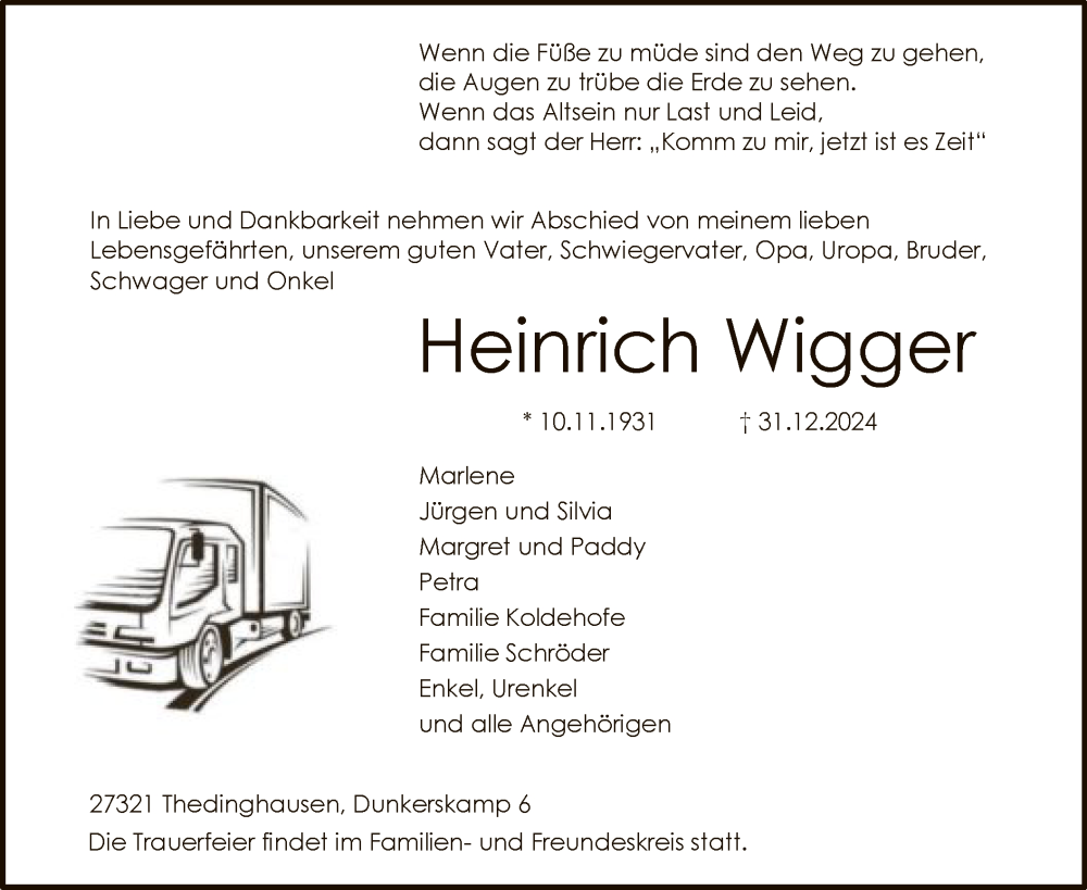  Traueranzeige für Heinrich Wigger vom 11.01.2025 aus SYKSYK