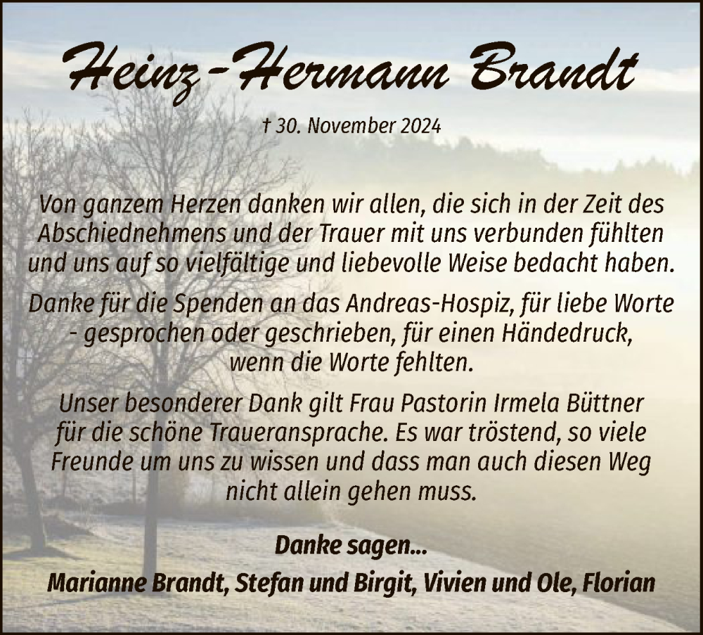  Traueranzeige für Heinz-Hermann Brandt vom 18.01.2025 aus SYK