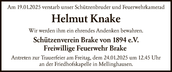 Traueranzeige von Helmut Knake von SYK