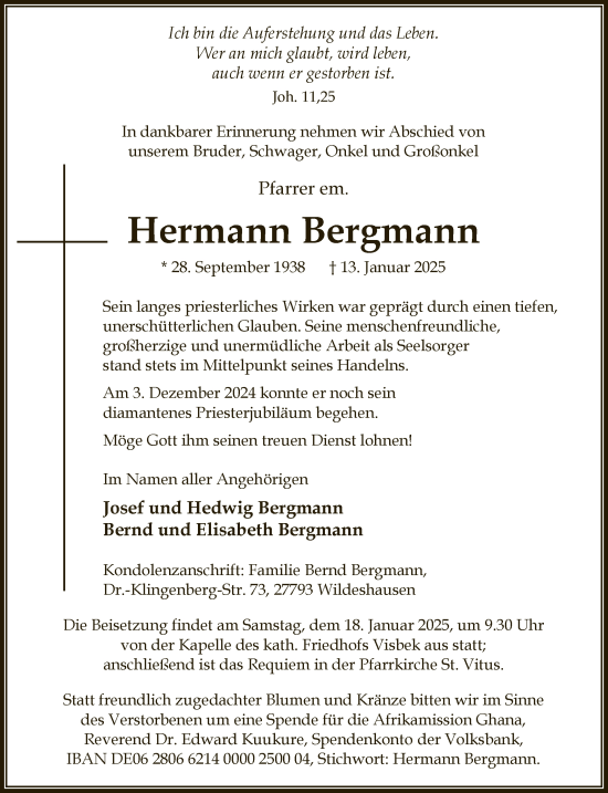 Traueranzeige von Hermann Bergmann von SYK