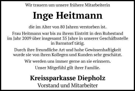 Traueranzeige von Inge Heitmann von SYK