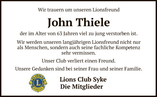 Traueranzeige von John Thiele von SYK