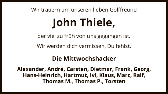 Traueranzeige von John Thiele von SYK