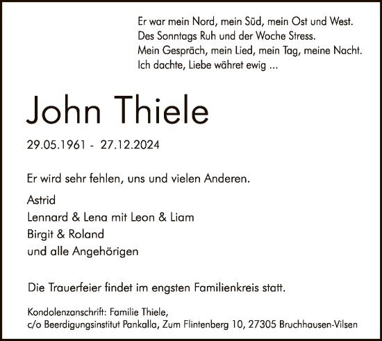 Traueranzeige von John Thiele von SYK