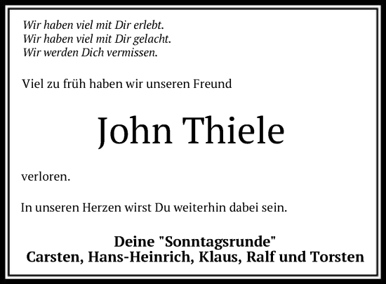 Traueranzeige von John Thiele von SYK