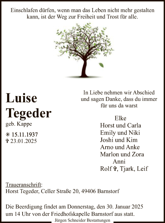 Traueranzeige von Luise Tegeder von SYK