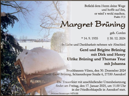 Traueranzeige von Margret Brüning von SYK