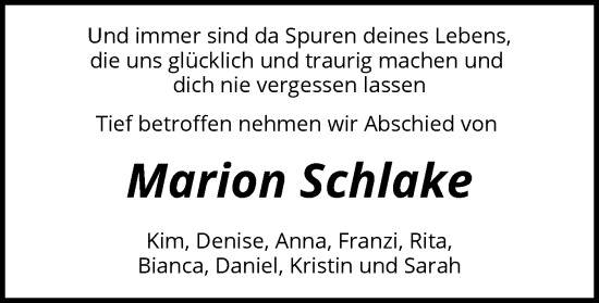 Traueranzeige von Marion Schlake von SYK