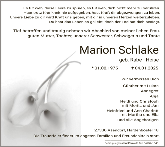 Traueranzeige von Marion Schlake von SYK