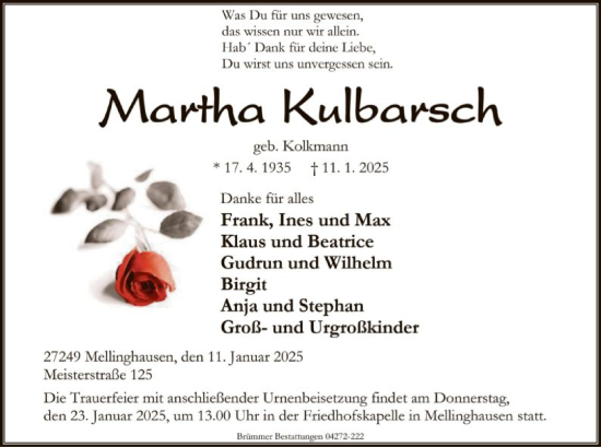 Traueranzeige von Martha Kulbarsch von SYK