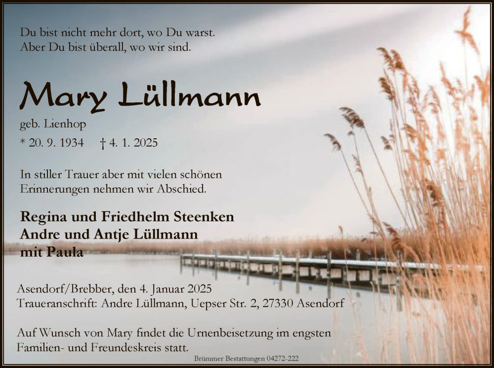  Traueranzeige für Mary Lüllmann vom 09.01.2025 aus SYKSYK