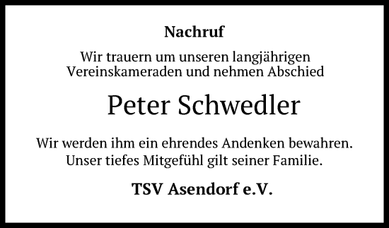 Traueranzeige von Peter Schwedler von SYK