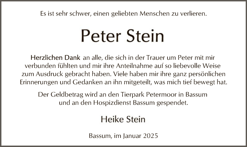  Traueranzeige für Peter Stein vom 11.01.2025 aus SYK