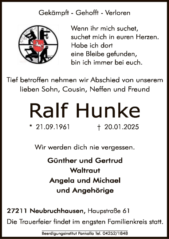 Traueranzeige von Ralf Hunke von SYK