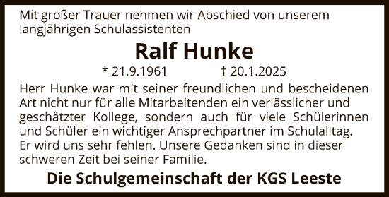 Traueranzeige von Ralf Hunke von SYK