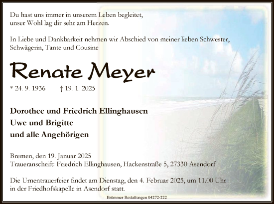 Traueranzeige von Renate Meyer von SYK
