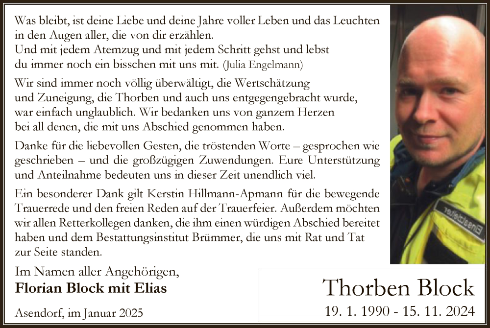  Traueranzeige für Thorben Block vom 18.01.2025 aus SYK
