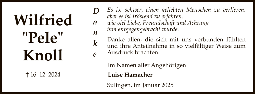  Traueranzeige für Wilfried Knoll vom 25.01.2025 aus SYK