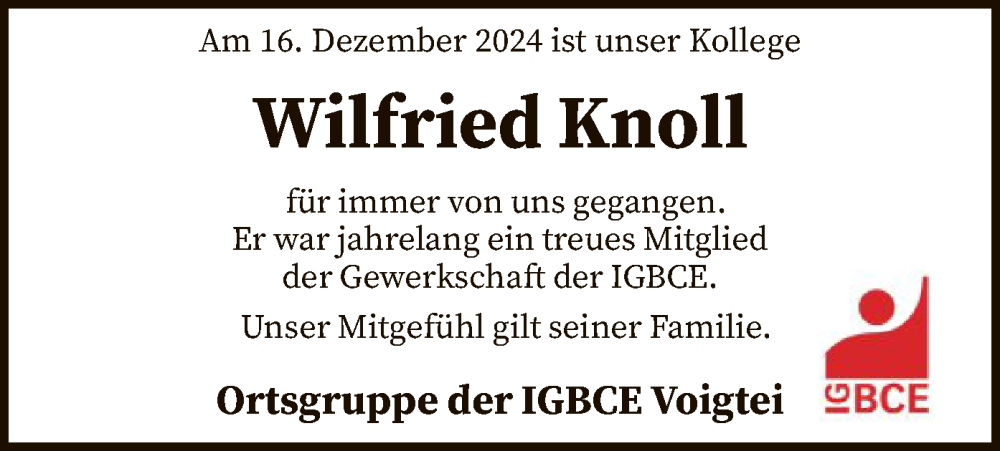  Traueranzeige für Wilfried Knoll vom 07.01.2025 aus SYK