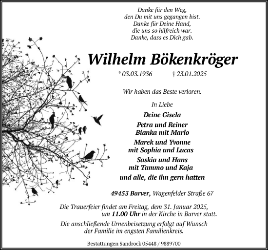 Traueranzeige von Wilhelm Bökenkröger von SYK