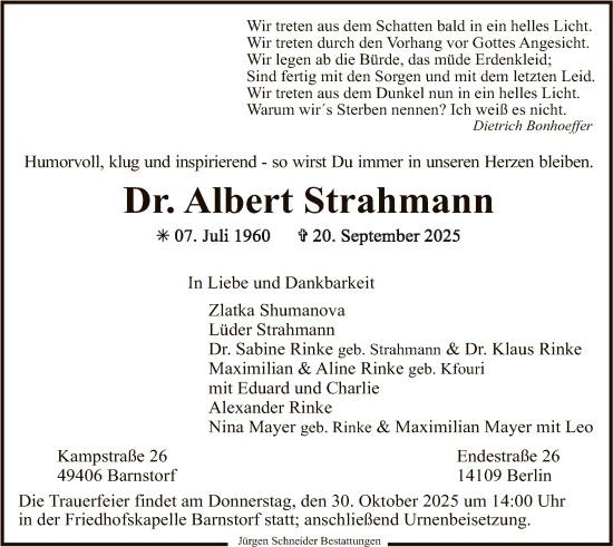 Traueranzeige von Albert Strahmann von SYKS