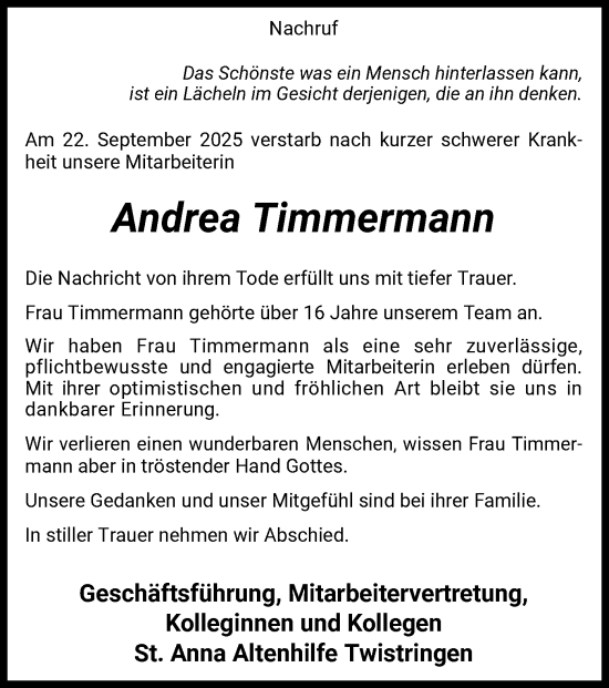 Traueranzeige von Andrea Timmermann von SYKS