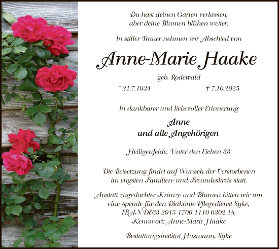 Traueranzeige von Anne-Marie Haake von SYKS