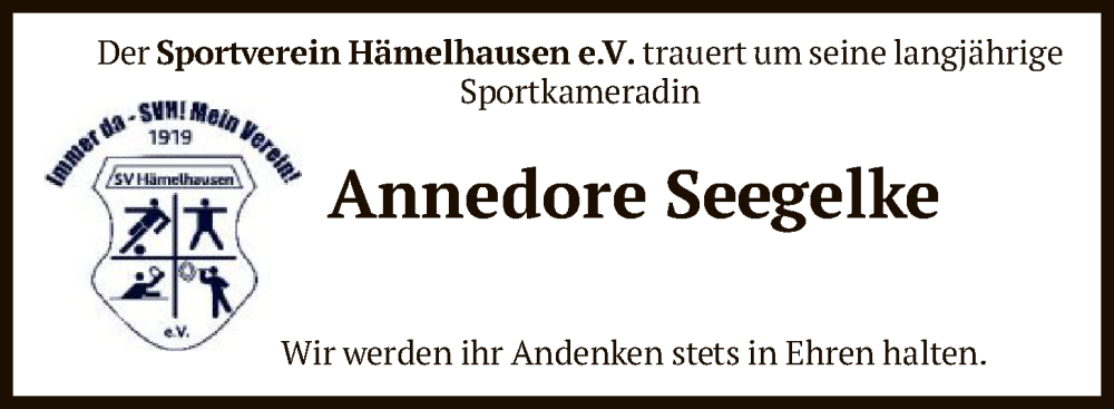  Traueranzeige für Annedore Seegelke vom 28.10.2025 aus SYKS