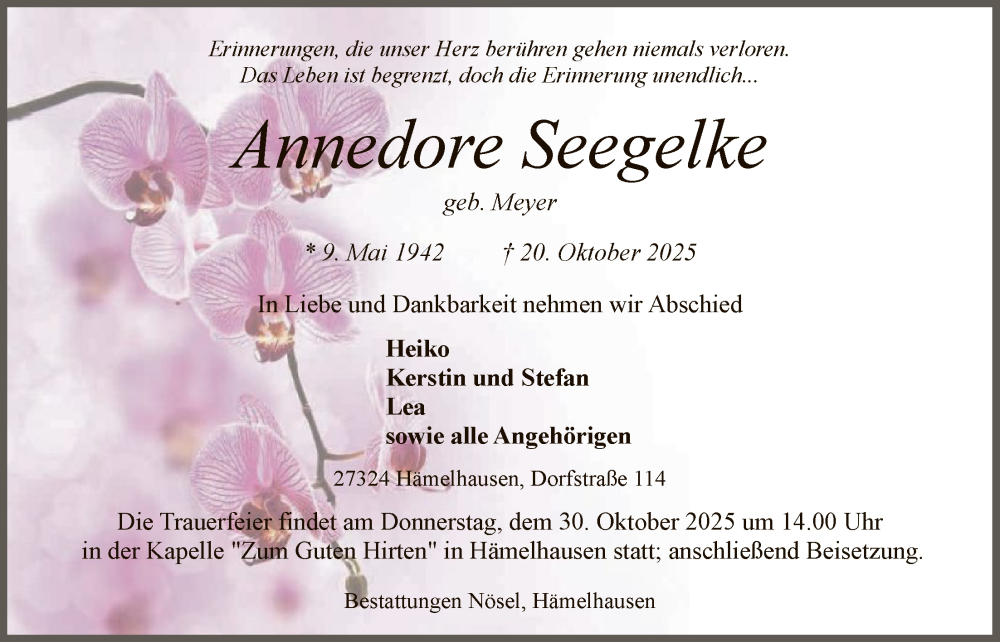  Traueranzeige für Annedore Seegelke vom 25.10.2025 aus SYKS