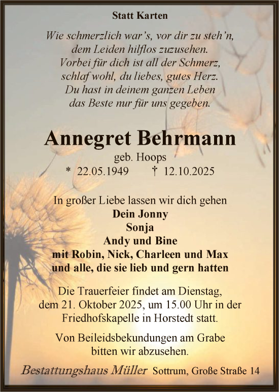 Traueranzeige von Annegret Behrmann von SYKR