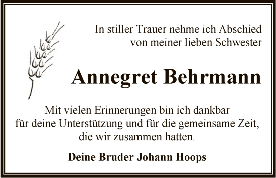 Traueranzeige von Annegret Behrmann von SYKR