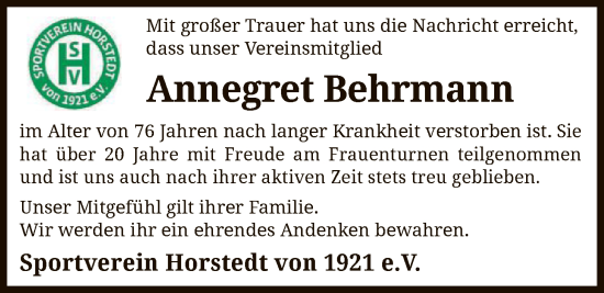 Traueranzeige von Annegret Behrmann von SYKR