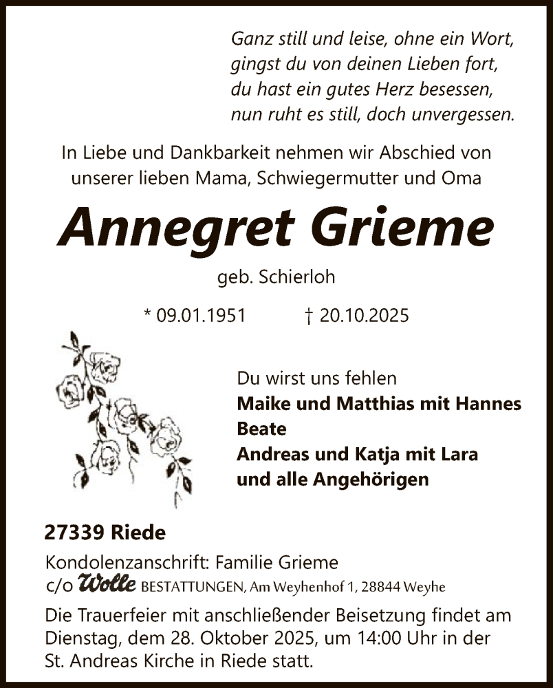  Traueranzeige für Annegret Grieme vom 22.10.2025 aus SYKSSYKS
