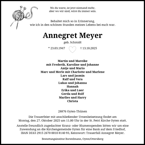 Traueranzeige von Annegret Meyer von SYKS