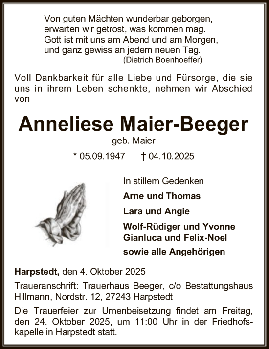 Traueranzeige von Anneliese Maier-Beeger von SYWZSYKS
