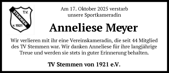 Traueranzeige von Anneliese Meyer von SYKR