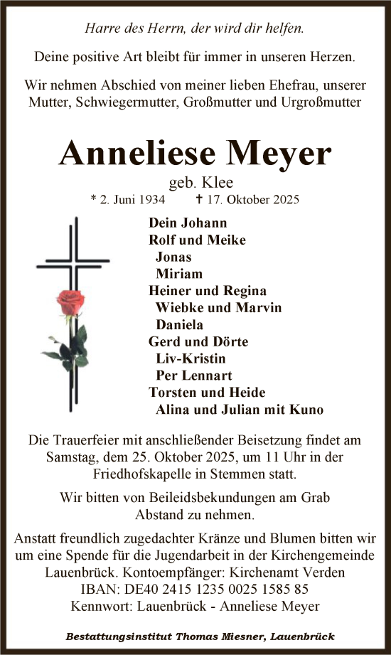 Traueranzeige von Anneliese Meyer von SYKR