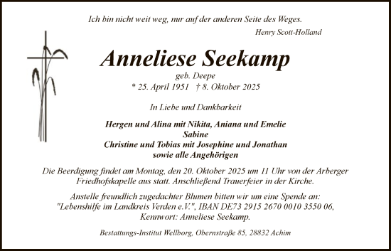 Traueranzeige von Anneliese Seekamp von SYKS