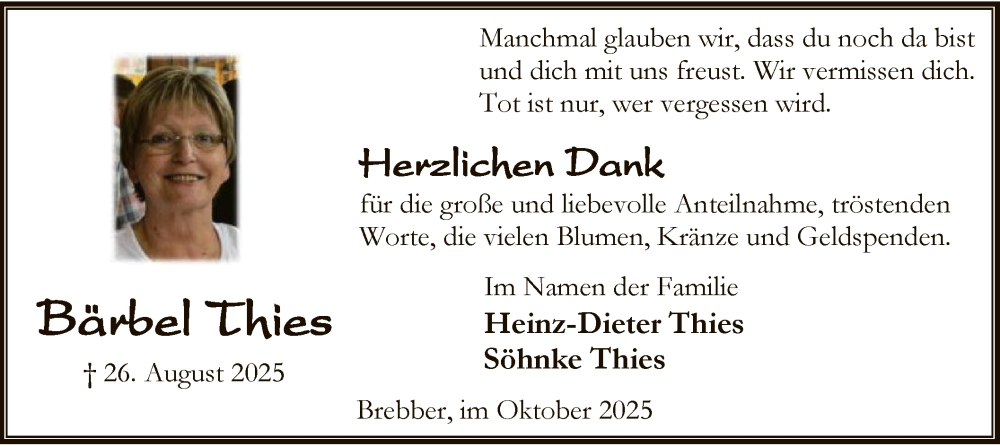  Traueranzeige für Bärbel Thies vom 11.10.2025 aus SYKS